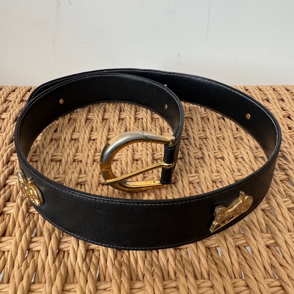 Celine Black Leather Belt with Gold Buckle